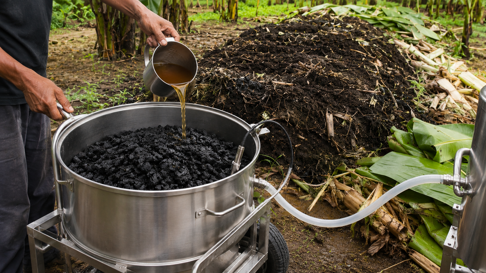 Porous biochar being inoculated with a measured beneficial-microorganism culture in a stainless mobile mixing system within a banana farm
